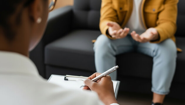 Therapist taking notes during a professional counseling session with a client. Focus on mental health, support, listening, and communication