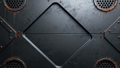 Industrial metal panel with diamond pattern and circular vents, showing signs of wear and rust.