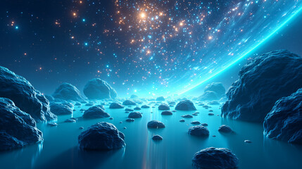 Blue Space Asteroid Field with Glowing Lights and Sunburst