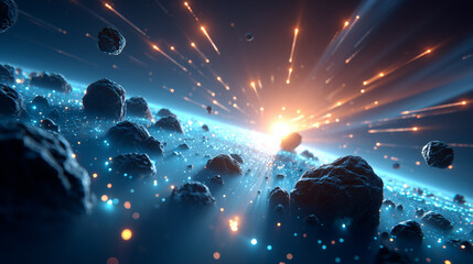 Blue Space Asteroid Field with Glowing Lights and Sunburst