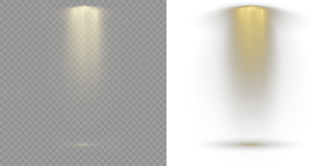 Transparent allows seamless web or poster use. Projection studio lights beam. Bright spotlights shine down, forming focused light circles. Vector Spotlights. Floodlight beam, illuminated spotlights.