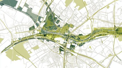 Obraz premium Urban planning blueprint showing green spaces and transportation infrastructure integrating with city blocks on a conceptual map for sustainable development and ecological design