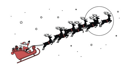 Santa Claus riding his sleigh pulled by reindeer across the night sky with a full moon. © baedowi