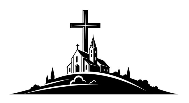 A church with a cross on top of a hill, rendered in black and white vector format.