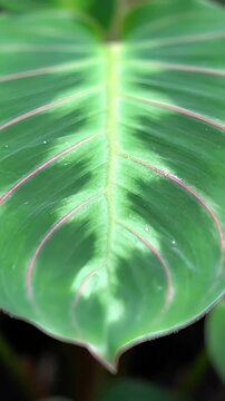 Close up image of a prayer plant leaf - maranta leuconeura - showcasing its intricate veins and stunning colors. This exotic houseplant's foliage is truly mesmerizing when viewed up close