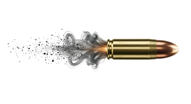 Firing bullet with smoke and debris trailing behind, isolated on a transparent background, cutout, PNG