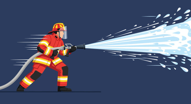 A firefighter in uniform aiming a water hose, spraying a powerful stream.