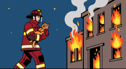 A firefighter rescues a cat from a burning building at night.