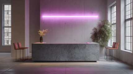 Concrete reception desk serving a modern lobby or waiting area, featuring a pink neon light fixture creating a vibrant color accent, complemented by large windows and a green plant