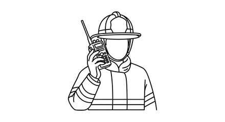 A firefighter in uniform communicates using a handheld radio device.
