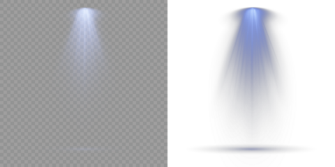 Light sources, concert lighting, stage spotlights. Transparent allows seamless web or poster use. Overlay effects simulate professional studio illumination. Scene. Light Effects. Row of spotlights.