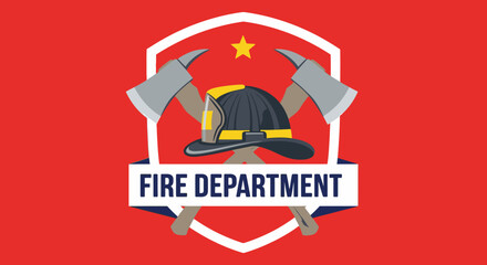 Fire department emblem featuring a helmet, crossed axes, a star, and a banner on a red background.