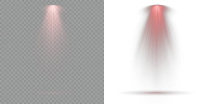 Vector Spotlights. Transparent background. Bright spotlights shine down, forming focused light circles. Concert lighting set includes soft beams. Light Effects. Projection studio lights beam. Scene.