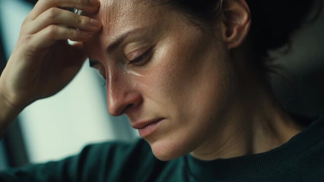 Desperate woman crying in a dramatic moment, her face wet with tears as she holds her hand to her forehead in sorrow, feeling overwhelmed by stress, anxiety, and profound grief