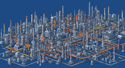 Naklejka premium Isometric illustration showcases a complex industrial facility with intricate piping and structures against a blue backdrop, highlighting engineering design and infrastructure.