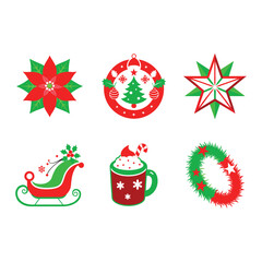 A set of Christmas icons featuring a bell, snowman, candy cane, and holly leaves with berries in a flat style on a white background. Festive holiday concept. Vector illustration