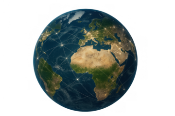 Earth globe showing glowing worldwide network connections, global communication, technology, and digitalization with transparent background