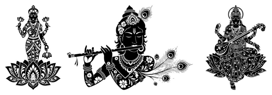 Hindu Deities Vector Set Lord Krishna Goddess Lakshmi and Saraswati Silhouette Illustration