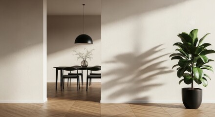 Modern dining room with natural light and fiddle leaf fig plant