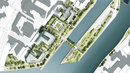 Aerial view rendering of an urban plan visualizing a sustainable city development, integrating architecture, landscape design, and infrastructure along a riverfront