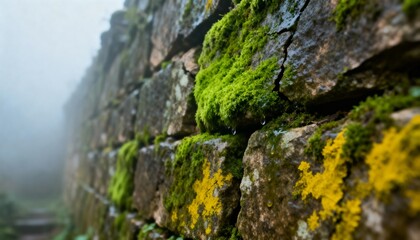 Close-up view of a weathered stone wall covered in vibrant green and yellow moss, with a blurred background.