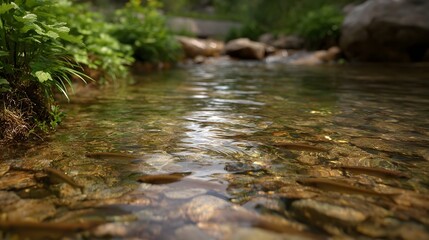 Obraz premium A clear sunlit stream flows over rocks with small fish swimming in the transparent water surrounded by green foliage