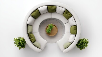 Modern l shape white fabric sofa with green and white cushions around a round light wood coffee table with small potted plants, minimalist top view interior conveying calm, contemporary comfort