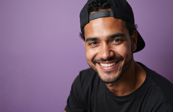 Happy latino transgender man in black t-shirt, cap poses on purple background. Cheerful non-binary person with beard smiles confidently looking at camera. Young queer guy represents LGBTQIA pride, - Powered by Adobe