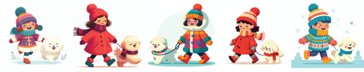 vector chilfren walking with pet dog in winter