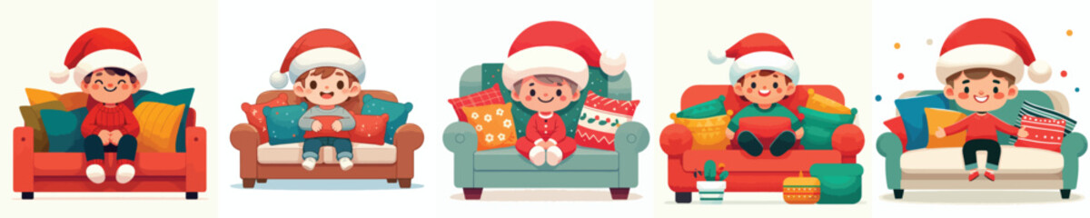 vector little boy sitting on sofa at christmas