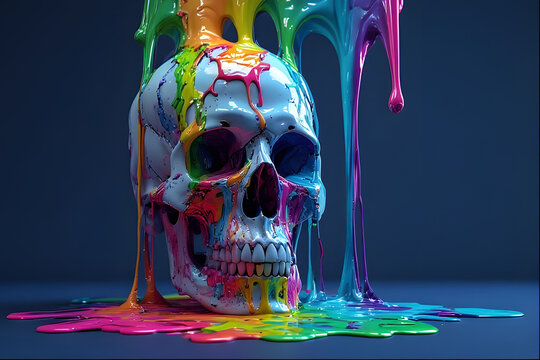 A surreal and vibrant artistic shot of a white human skull, completely drenched in colorful, dripping, rainbow-hued paint, set against a dark blue background with paint pooling at the base.