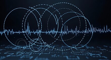 Dynamic data visualization with glowing soundwaves and circuit patterns for modern tech applications, showing network activity and futuristic communication systems
