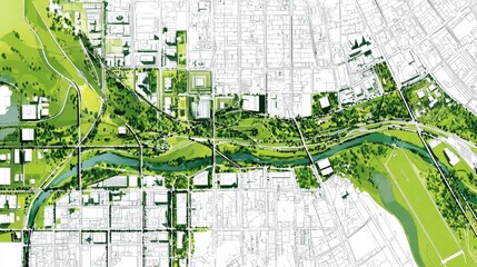 Urban redevelopment plan illustrating a new city master plan combining existing infrastructure with extensive green spaces. A flowing river
