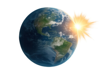 Earth globe planet with americas continent facing sunrise, sun shining on world map, transparent background