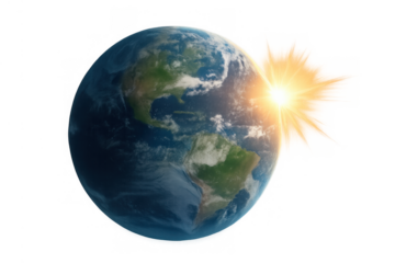 Earth globe planet with americas continent facing sunrise, sun shining on world map, transparent background