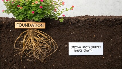 A dense cluster of interwoven plant roots anchoring a thriving green plant in dark soil