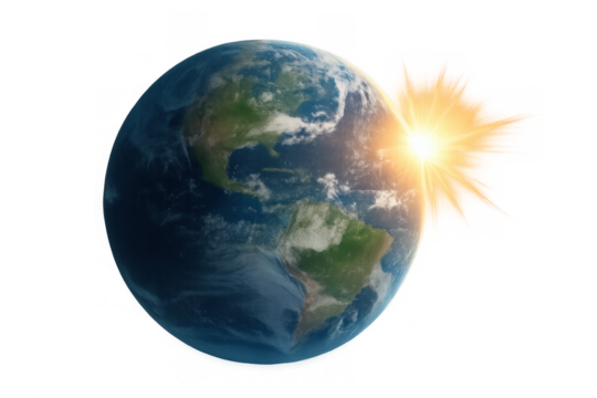 Earth globe planet with americas continent facing sunrise, sun shining on world map, transparent background - Powered by Adobe