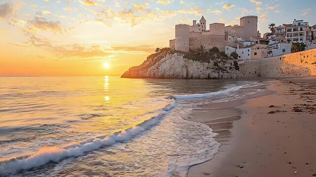 Peniscola castle at sunset spain landscape video