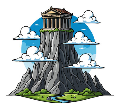 Greek Temple on Mount Olympus Peak Vector Illustration. Ancient Mythology Gods Home Cartoon Landscape.