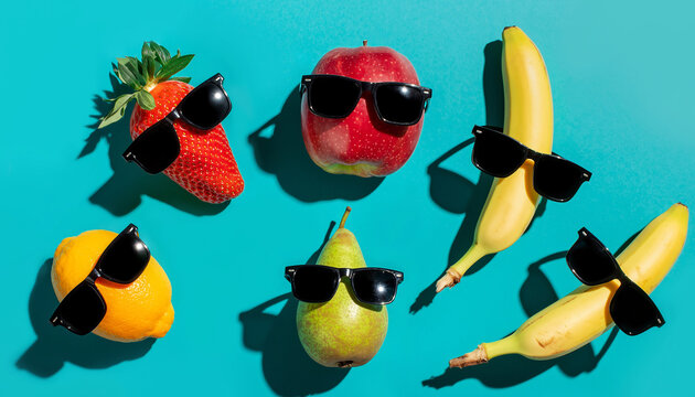 Funny summer fruit characters wearing sunglasses on blue background
