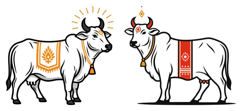 Decorated Holy Indian Cow and Nandi Bull Vector Illustration. Traditional Hindu Religious Animal Symbol for Pongal Festival.