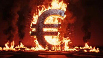 Euro currency symbol engulfed in flames and smoke, cinematic 3D render - Powered by Adobe