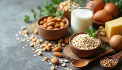 Various plant based food items arranged artfully. Bowl of almonds, oats, flax seeds, eggs, cheese, and glass of almond milk create wholesome ingredients assortment.