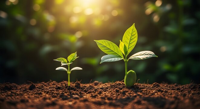 Organic agriculture and sustainable growth in a natural environment. New life and health. Two plants of different stages sprouting from fertile soil under bright sunlight.