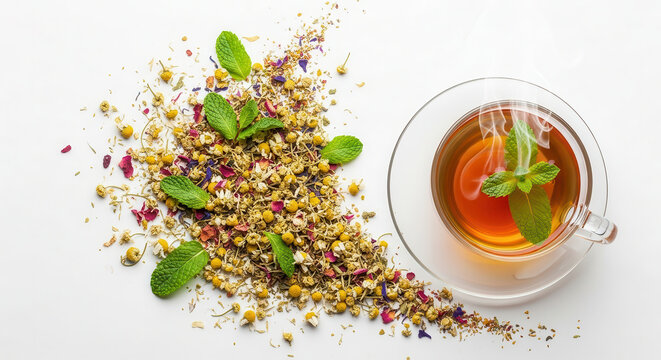Herbal tea blend with chamomile, mint leaves, and dried flowers, arranged artistically beside a steaming cup, showcasing the soothing essence of natural spices and wellness