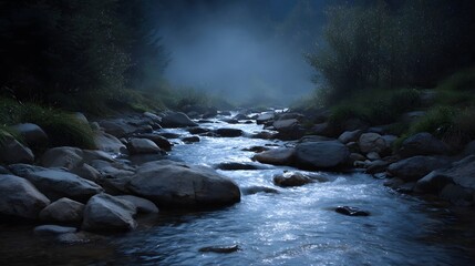 Serene forest stream flowing over rocks under moonlight with atmospheric fog