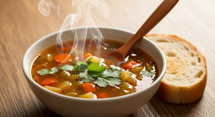 Steaming bowl of hearty vegetable soup garnished with fresh herbs and crusty bread