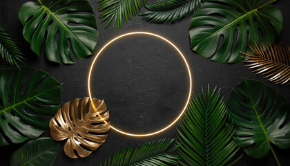 Luxurious tropical leaves with a glowing neon circle frame