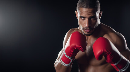 Serious boxer in red gloves preparing to strike, showing power, tension, and focus. Dramatic banner-style composition with clean copy space.