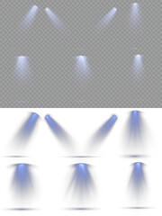 Stage lighting creates dramatic beams in concert visuals. Projection studio lights beam. Light sources, concert lighting, stage spotlights. Concert lighting set includes soft beams. Light Effects.